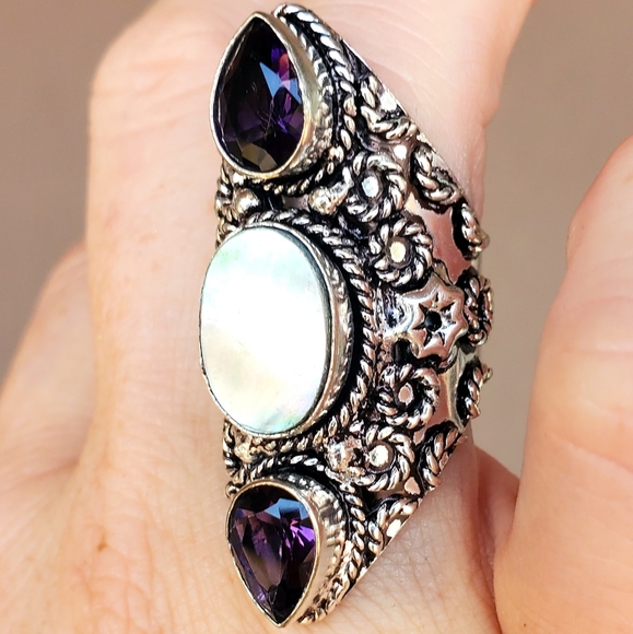 New Abalone Shell & Amethyst 925 Silver Statement Ring. - Picture 6 of 16